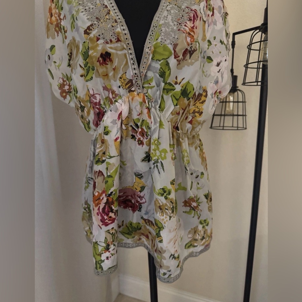 Johnny Was Silk Boho Floral Tunic Top S Crochet Lace V Neck Blouse - Picture 5 of 10